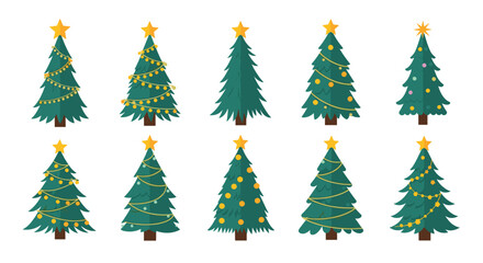 Obraz premium Collection of twelve stylized Christmas trees decorated with various patterns of stars, garlands, and ornaments for holiday season design.