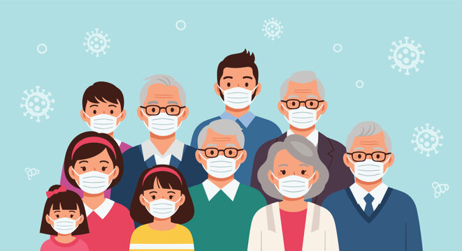 Group of diverse people from different generations wearing white medical masks for protection against viruses on a light blue background.
