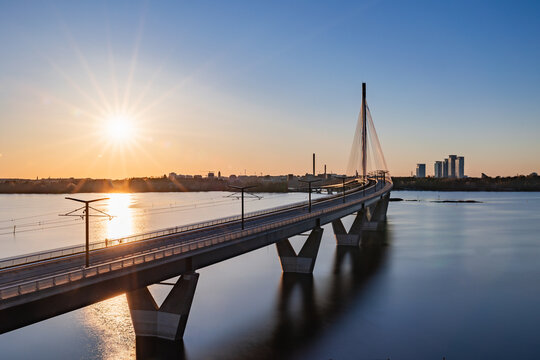 Kruunuvuorensilta bridge at sunset, the longest bridge in Finland, Helsinki