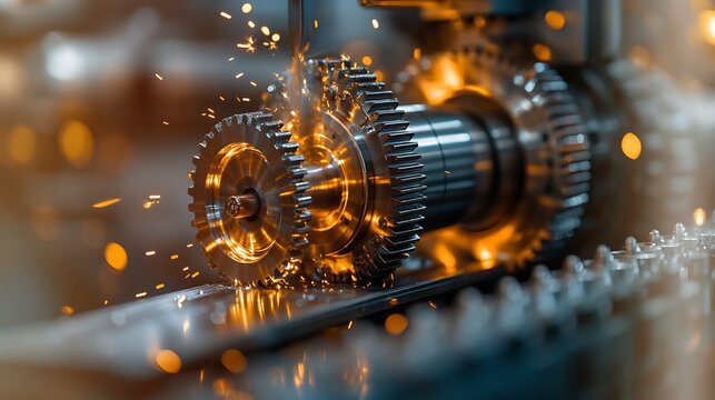 Close-up of metal machining with glowing sparks in industrial workshop