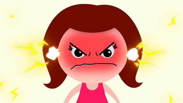 Static shot of animated girl fuming with steam from ears and angry facial expression in cartoon studio background with lightning effects