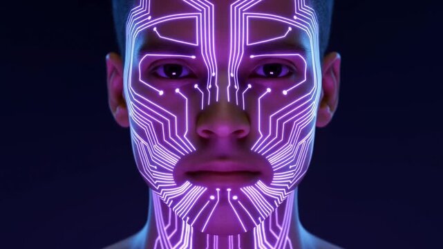 Static shot of human male portrait with neon circuit patterns illuminating face frontal close up in dark futuristic studio setting