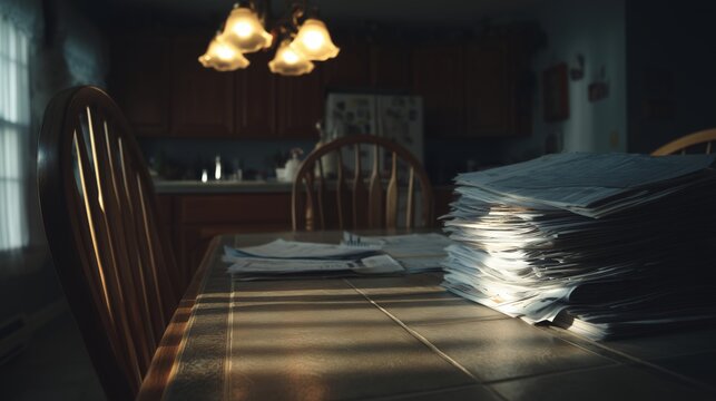 Household financial pressure concept with unpaid bills and paper stack on kitchen table in dim home interior