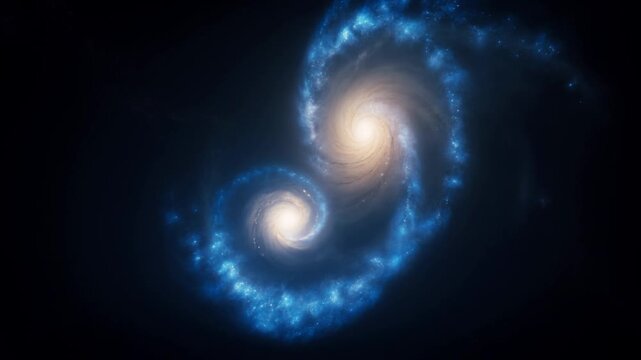Slow motion zoom of two spiral galaxies merging and swirling with luminous cores in deep outer space nebula environment