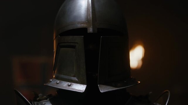 Static shot of medieval knight helmet facing forward in dimly lit castle hall with torchlight and reflective metal armor close portrait