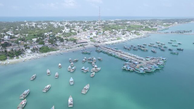 Drone View of Rameswaram Harbour with Colorful Fishing Boats Tamil Nadu Indi