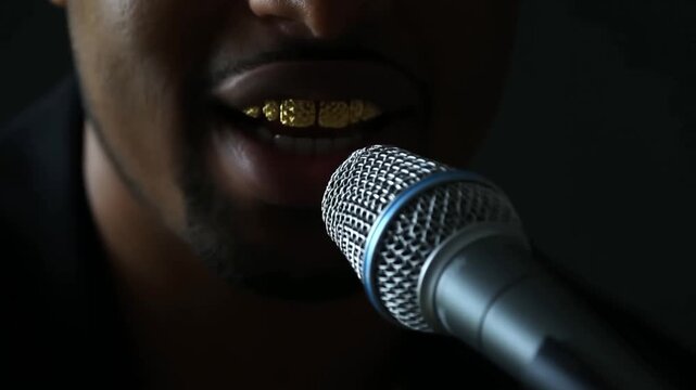 Tracking handheld close up of rapper's mouth performing into microphone revealing gold grill in dark studio setting