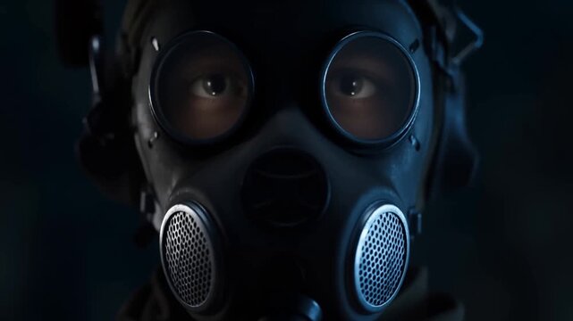 Slow tracking push in close up of soldier wearing gas mask looking upward in dark forest night bunker interior