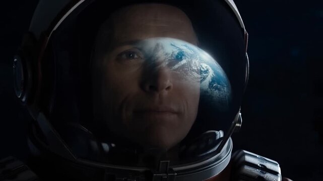 Slow push in close up of astronaut helmet with earth reflection moving across visor in dark orbital spacecraft interior