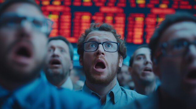 Shocked investors watching stock board during panic selling and market volatility with fear, crash and trading uncertainty
