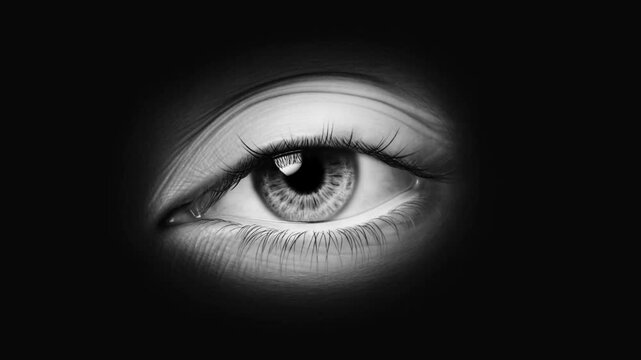 Static close up shot of human eye slowly blinking and reopening against dark isolated background in monochrome high contrast closeup