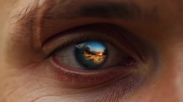 Slow motion tracking shot of extreme close up eye reflecting burning beach landscape at sunset with shifting gaze subtle camera movement and detailed iris reflection