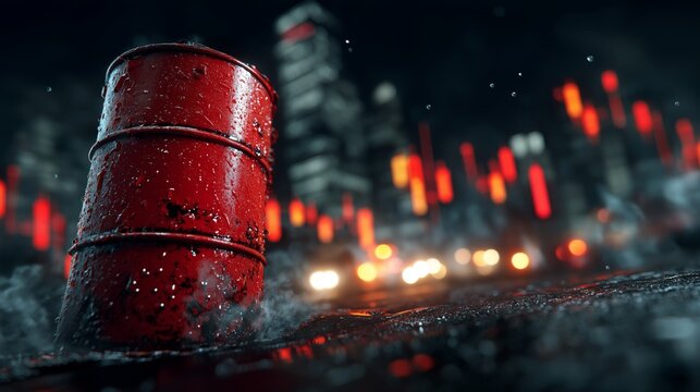 Red oil barrel on wet city street with market chart showing oil shock, price surge, crisis and energy volatility