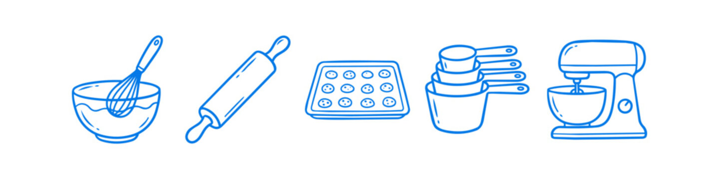 Set of blue hand-drawn baking icons including a whisk, rolling pin, cookie sheet, measuring cups, and stand mixer. Ideal for culinary designs, cookbooks, and kitchen-themed projects.