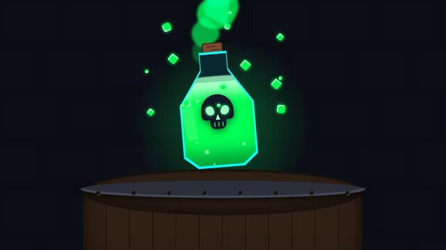 Stylized Glowing Green Poison Flask with Skull Icon Above Wooden Barrel for Game Assets