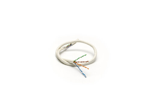 Stripped White Ethernet Networking Cable Showing Twisted Pairs.