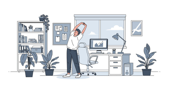 Man taking a break from work to stretch his arms while standing in his modern home office setup with a desk and computer.
