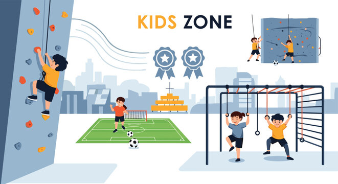 Children playing in a kids zone area with activities like rock climbing soccer and monkey bars on a city background.