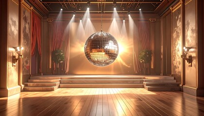 A luxurious stage with a large disco ball and spotlights