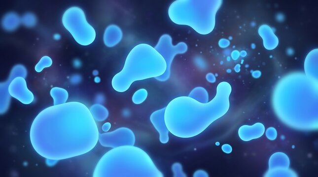 Abstract glowing blue cells floating in space with soft light effects