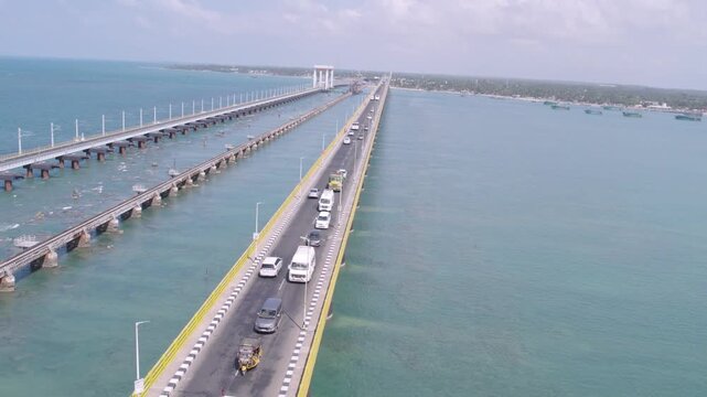 Wide Angle Drone Shot of Pamban Bridge Connecting Rameswaram Island India