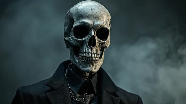 A skeletal figure in a dark suit, shrouded in mist. Eerie and mysterious.
