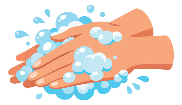 Cartoon illustration of hands depicting washing with soap and bubbles for hygiene and cleanliness