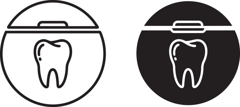 Dental floss icons featuring a tooth inside circular container for oral hygiene and daily care sets.