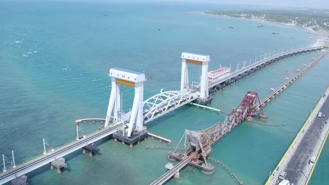 Aerial Shot of Railway Track Crossing Ocean on Pamban Rail Bridge India