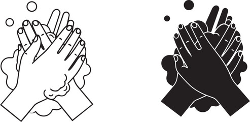 Fototapeta premium Washing hands with soap foam icons in linear and filled versions for hygiene health safety measures.