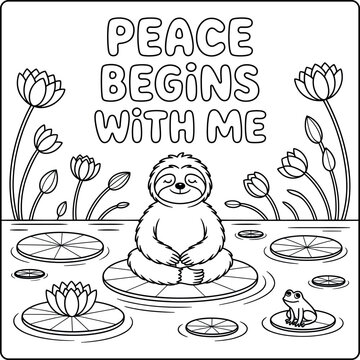 Positive affirmation coloring page for kids, peace begins with me, cute animal.