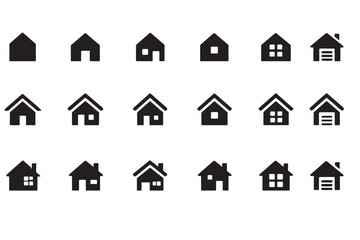 Minimalist house icon set, 18 black solid home symbols for real estate, simple building silhouettes for web interface and property apps © Faisal