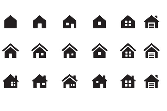 Minimalist house icon set, 18 black solid home symbols for real estate, simple building silhouettes for web interface and property apps
