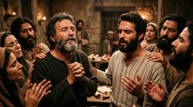 Apostles praying together after trial at Sanhedrin. Group of men and woman praising God after persecution. Ancient biblical scene depicting faith, courage and disciples of Jesus Christ.