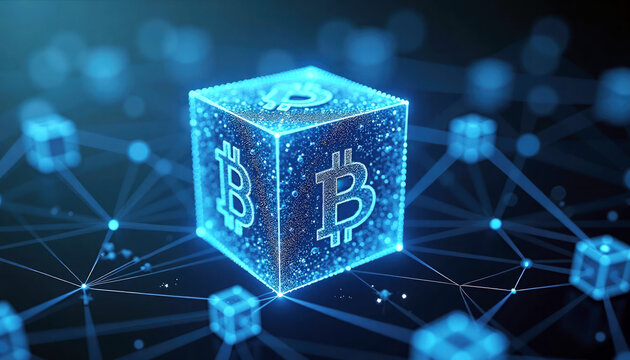 Cube of glowing blue bitcoin symbols hovering over blurred network nodes on dark bokeh background, concept of digital finance and decentralization