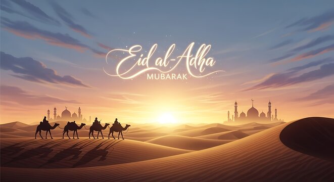 Eid al-Adha Mubarak Greeting with Camel Caravan in Desert Sunset