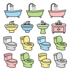 Fototapeta premium Hand drawn line art bathroom fixtures set featuring bathtubs, sinks, and toilets for home design
