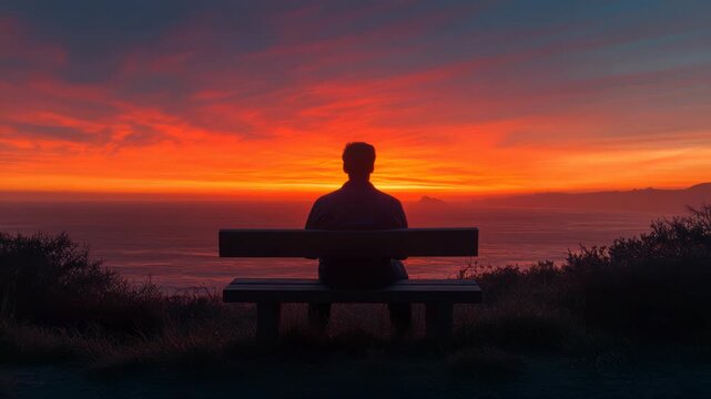 A person sits on a bench, facing a vibrant sunset over the ocean. Silhouette of human and sky