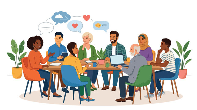 Diverse group of professionals collaborating around a table in a modern office setting, discussing ideas and working together on a project with digital devices and plants