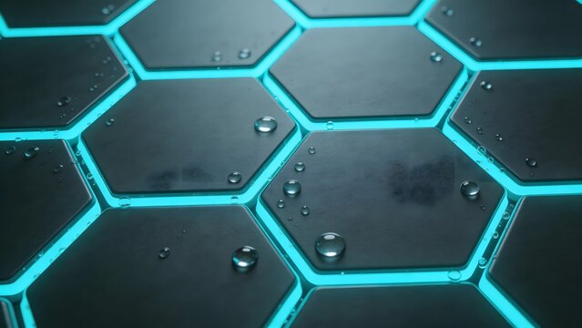 Hexagonal pattern with glowing edges and water droplets