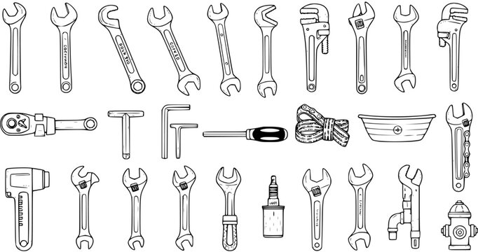 Diverse collection of hand tools, wrenches, and plumbing equipment including pipe wrenches, adjustable spanners, hex keys, and a fire hydrant, in a detailed outline sketch.
