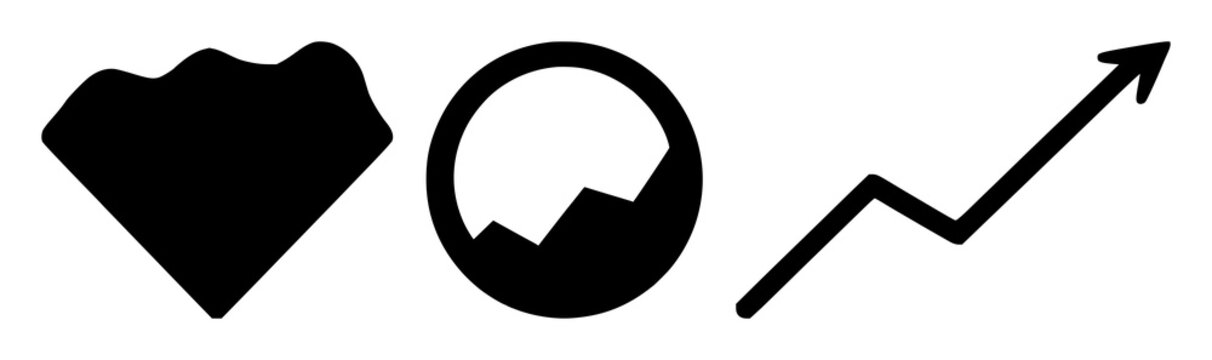 Hedge fund strategy icon set with abstract finance symbols and bold black silhouette on white background featuring investment, portfolio, growth with symbols and chart graphics