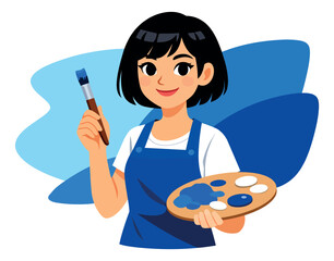 Fototapeta premium Modern flat illustration of a female artist depicting her holding a paintbrush and paint palette for creative hobbies and art concepts