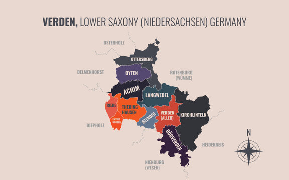 A map showing Verden NI Kreise into Gemeinden in a minimalist colorful style
