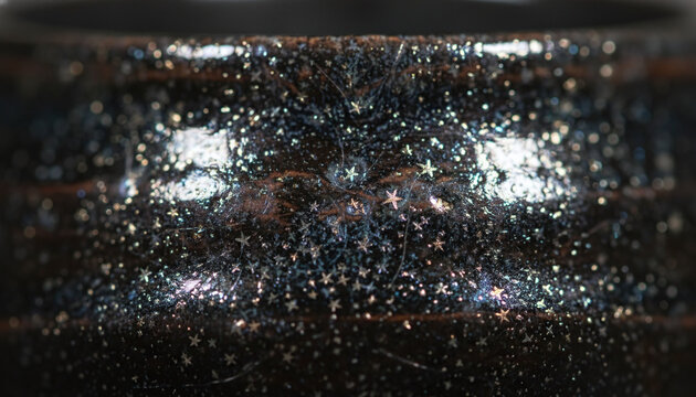 Jian ware Tenmoku tea bowl ceramic glaze texture with metallic oil spots