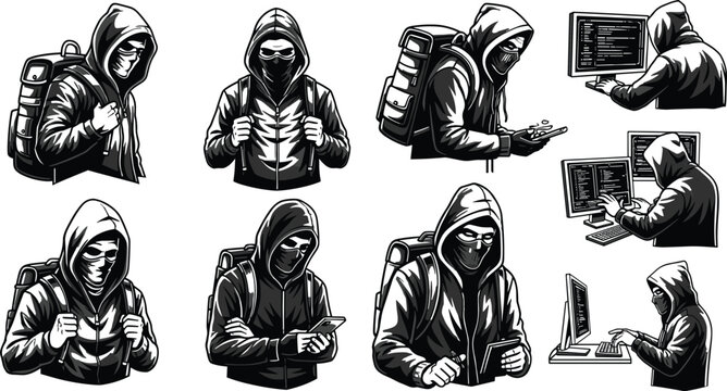 "Stylized hacker silhouette illustrations featuring hooded figure with backpack, smartphone, keyboard, and skeletal design, symbolizing cyber secrecy and technology artwork"Mobile