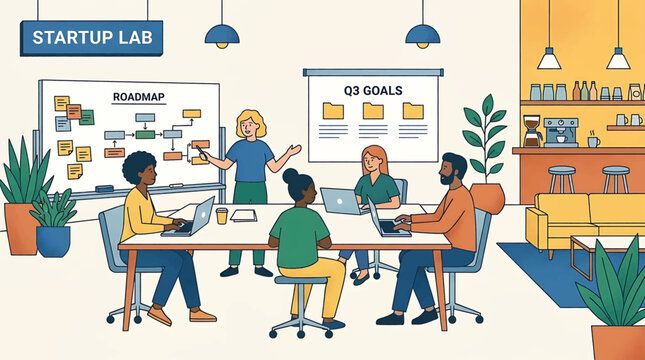 Diverse startup team actively collaborating in a modern office, strategizing and developing their business roadmap and innovative goals