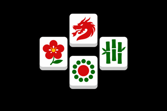 Minimalist vector illustration of four traditional mahjong tiles arranged in a cross shape on a black background, featuring a red dragon, plum blossom, green bamboo, and a red circle dot symbol.