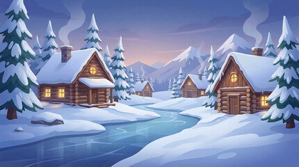 Fototapeta premium Cozy Winter Village Scene with Snow-Covered Wooden Cabins by a Frozen River, Surrounded by Pine Trees and Distant Mountains Under a Peaceful Twilight Sky