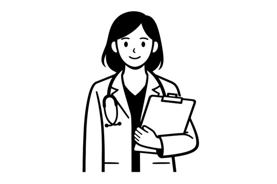 Professional female physician or nurse practitioner in a lab coat with a stethoscope and medical chart. Minimalist black and white line art vector illustration for healthcare and medicine.
